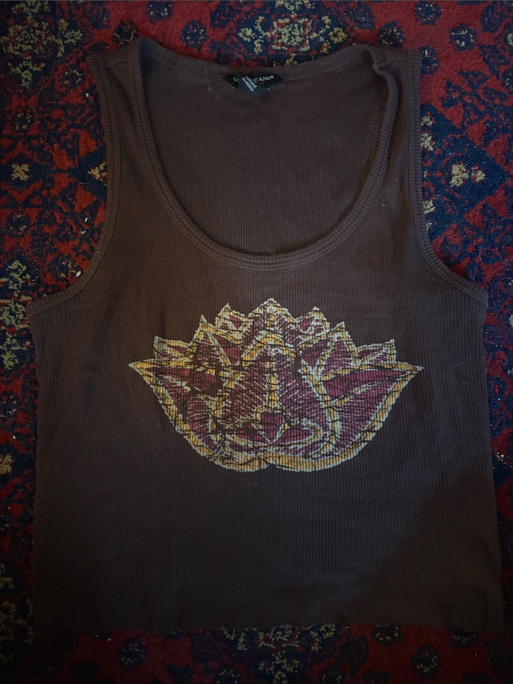 Guess Brown Ribbed Tank with Lotus Graphic